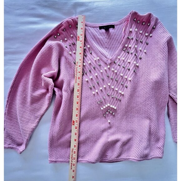 Pink Size L V-Neck Sweater With Pearl & Rhinestone Accents Ribbed A Love Story - Picture 7 of 13